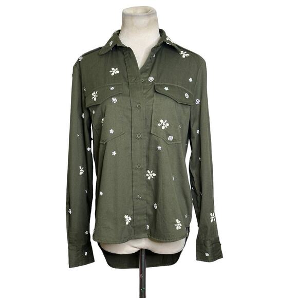 Joie “Hayfa” Military Green Button Front Floral Embellished Shirt size XS - Picture 1 of 13